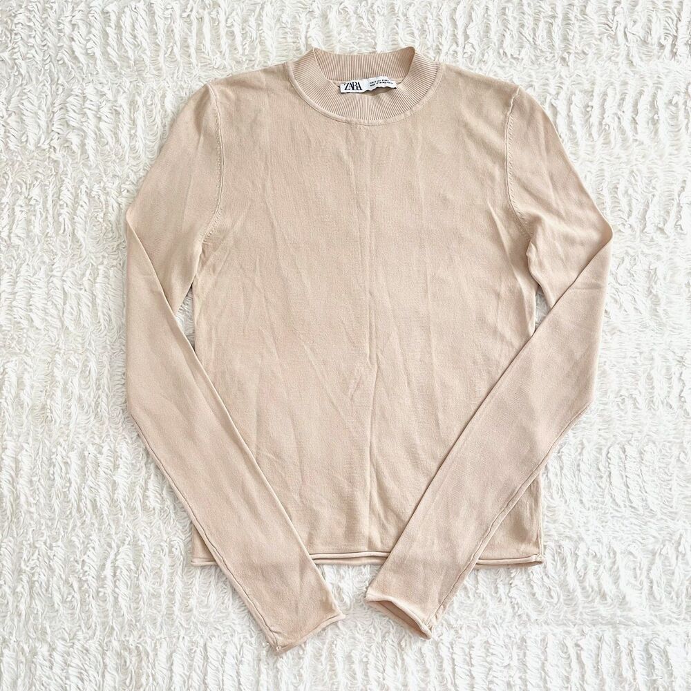 Zara Semi Sheer Long Sleeve Top Size S Nude Beige Stretchy Mesh Minimalistic